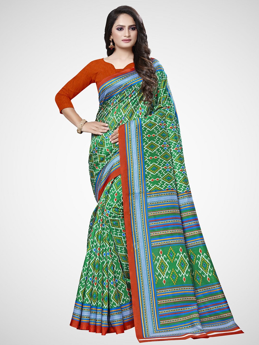 

KALINI Green & Red Ethnic Motifs Silk Blend Saree
