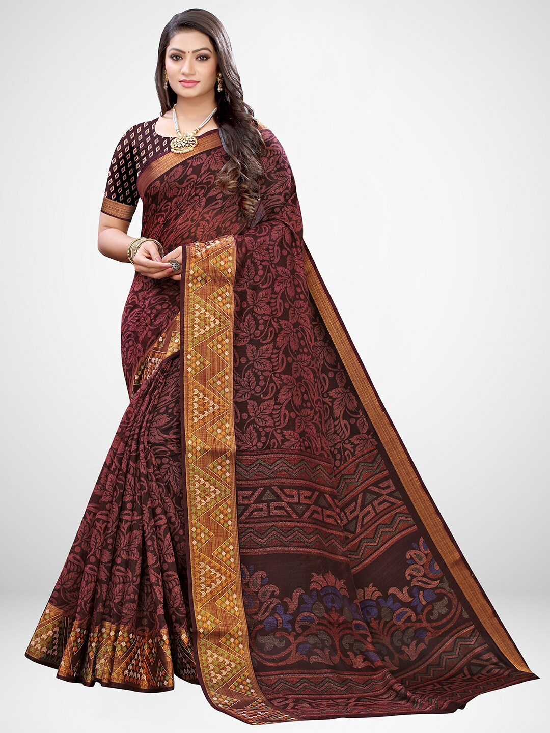 

KALINI Brown & Green Floral Brasso Saree