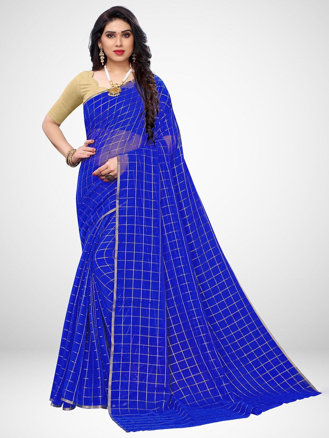 

KALINI Blue & Gold-Toned Checked Saree