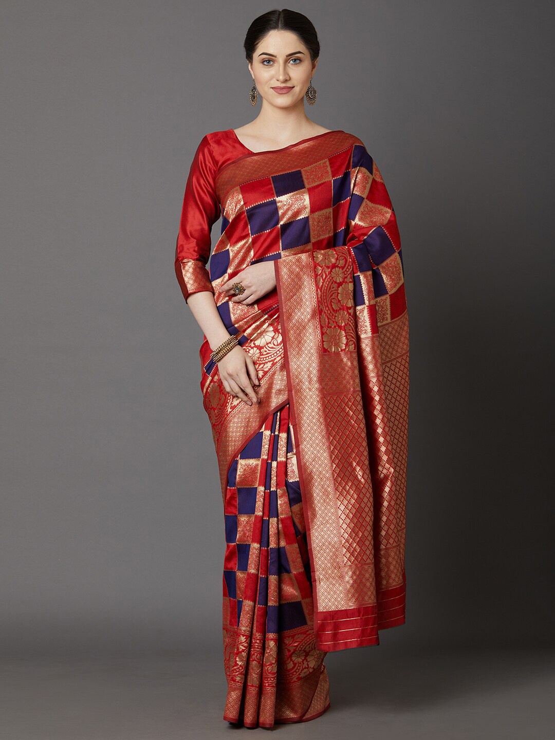 

KALINI Red & Navy Blue Checked Silk Blend Saree