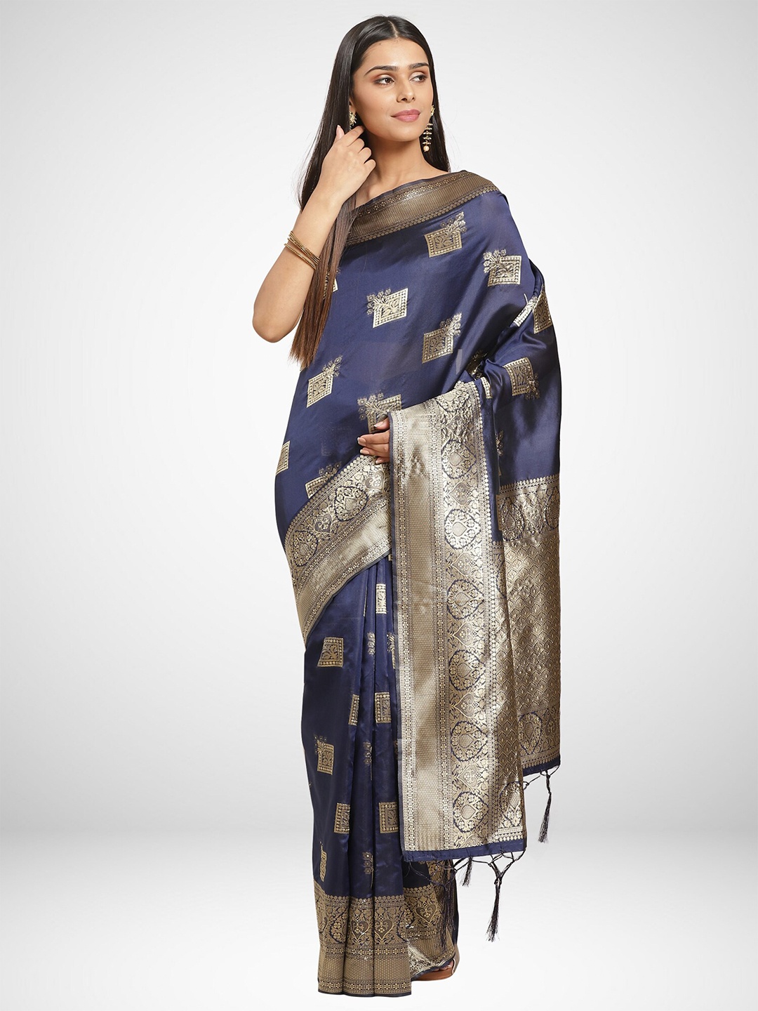

KALINI Navy Blue & Gold-Toned Ethnic Motifs Zari Silk Blend Saree