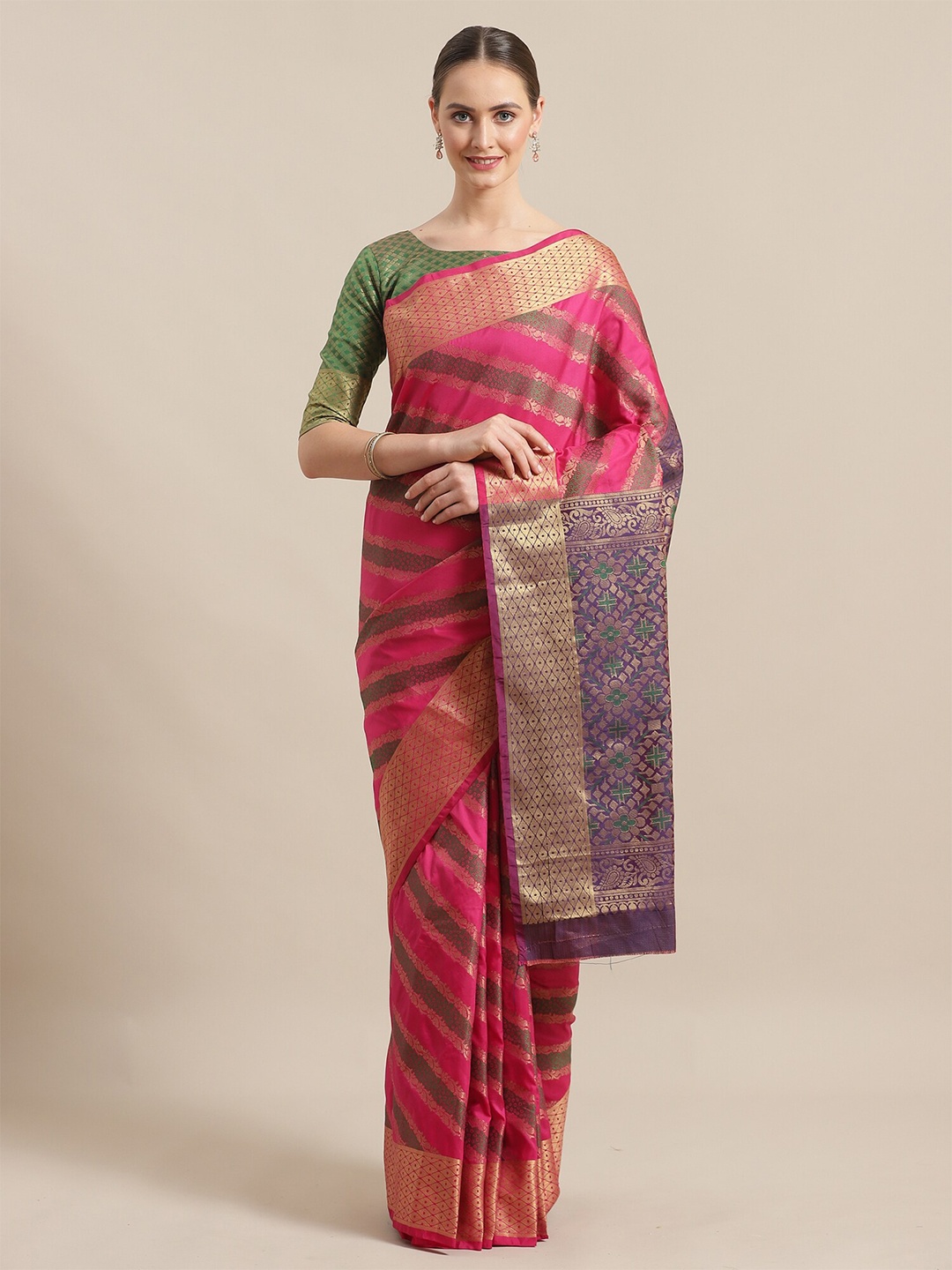 

KALINI Pink & Green Ethnic Motifs Silk Blend Saree