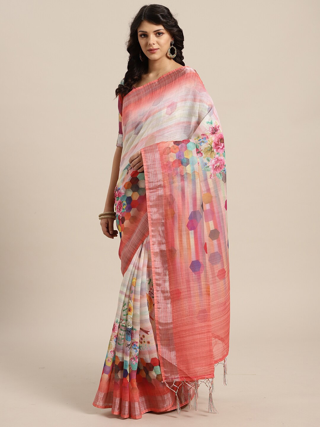 

KALINI Cream-Coloured & Orange Floral Printed Saree