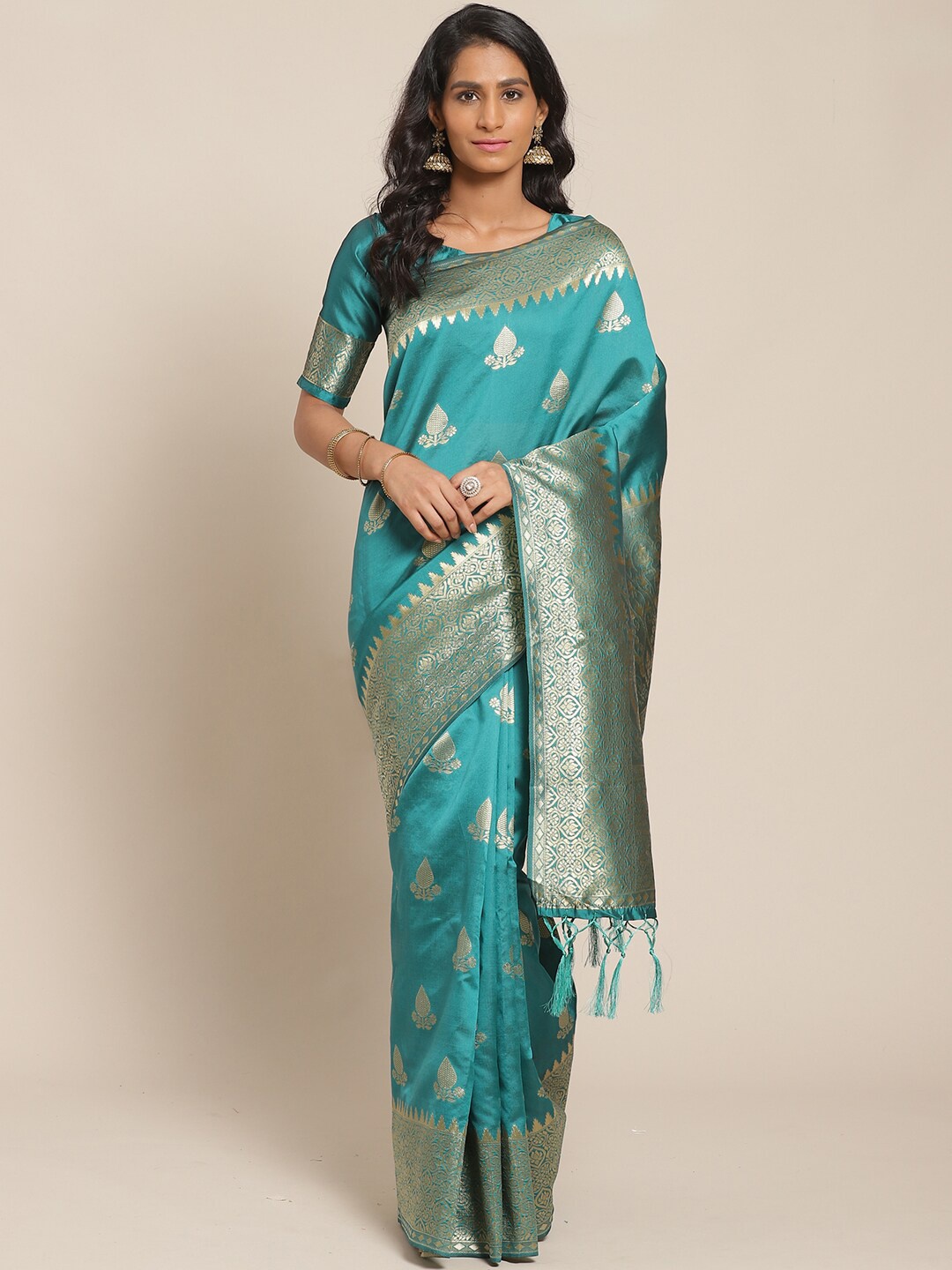 

KALINI Teal & Silver-Toned Silk Blend Saree