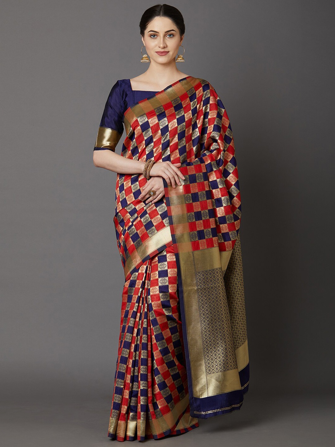 

KALINI Red & Gold-Toned Checked Silk Blend Saree