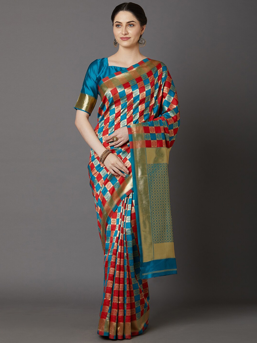 

KALINI Teal & Red Ethnic Motifs Zari Banarasi Saree