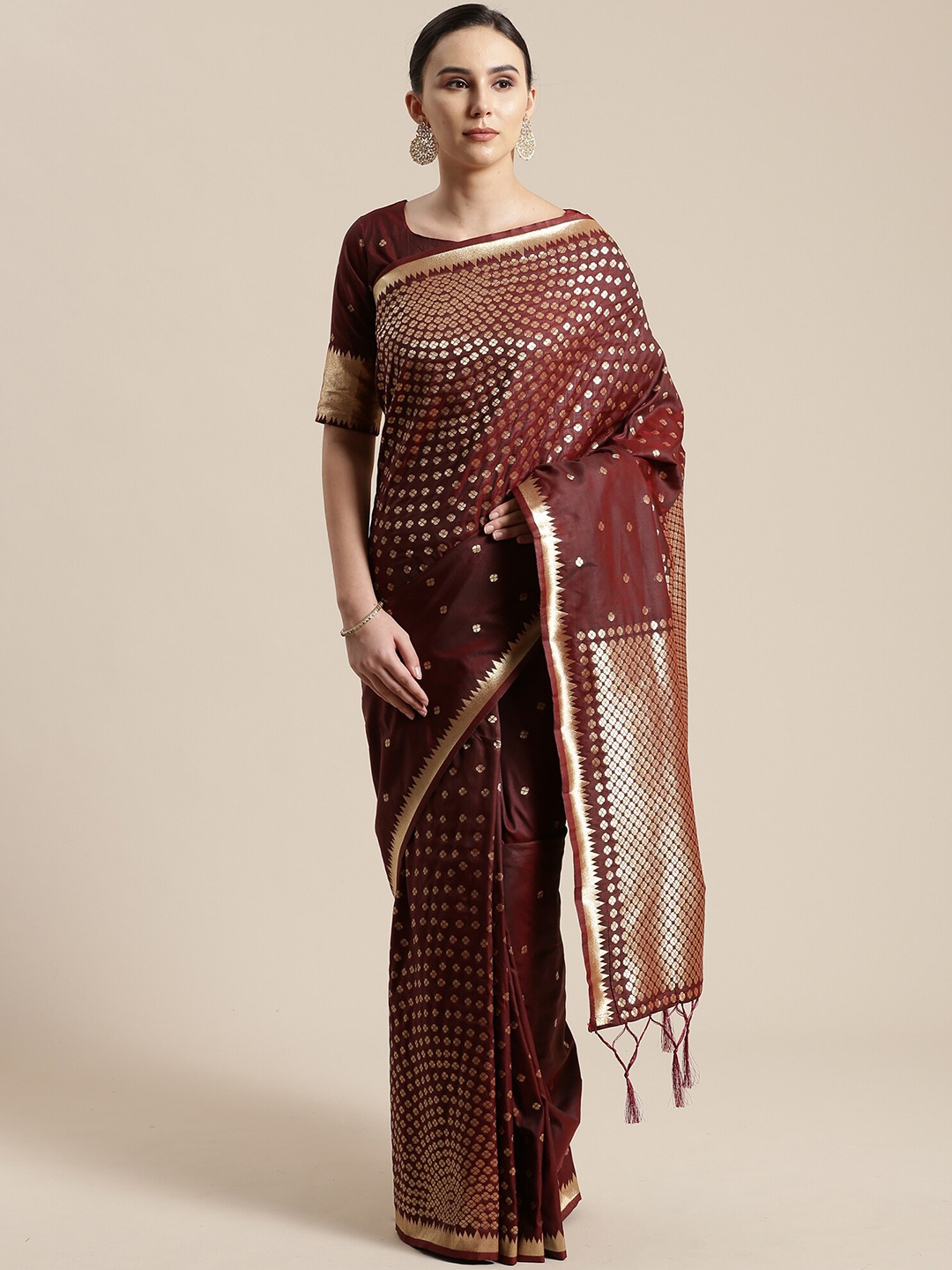 

KALINI Brown & Golden Ethnic Motifs Silk Blend Saree