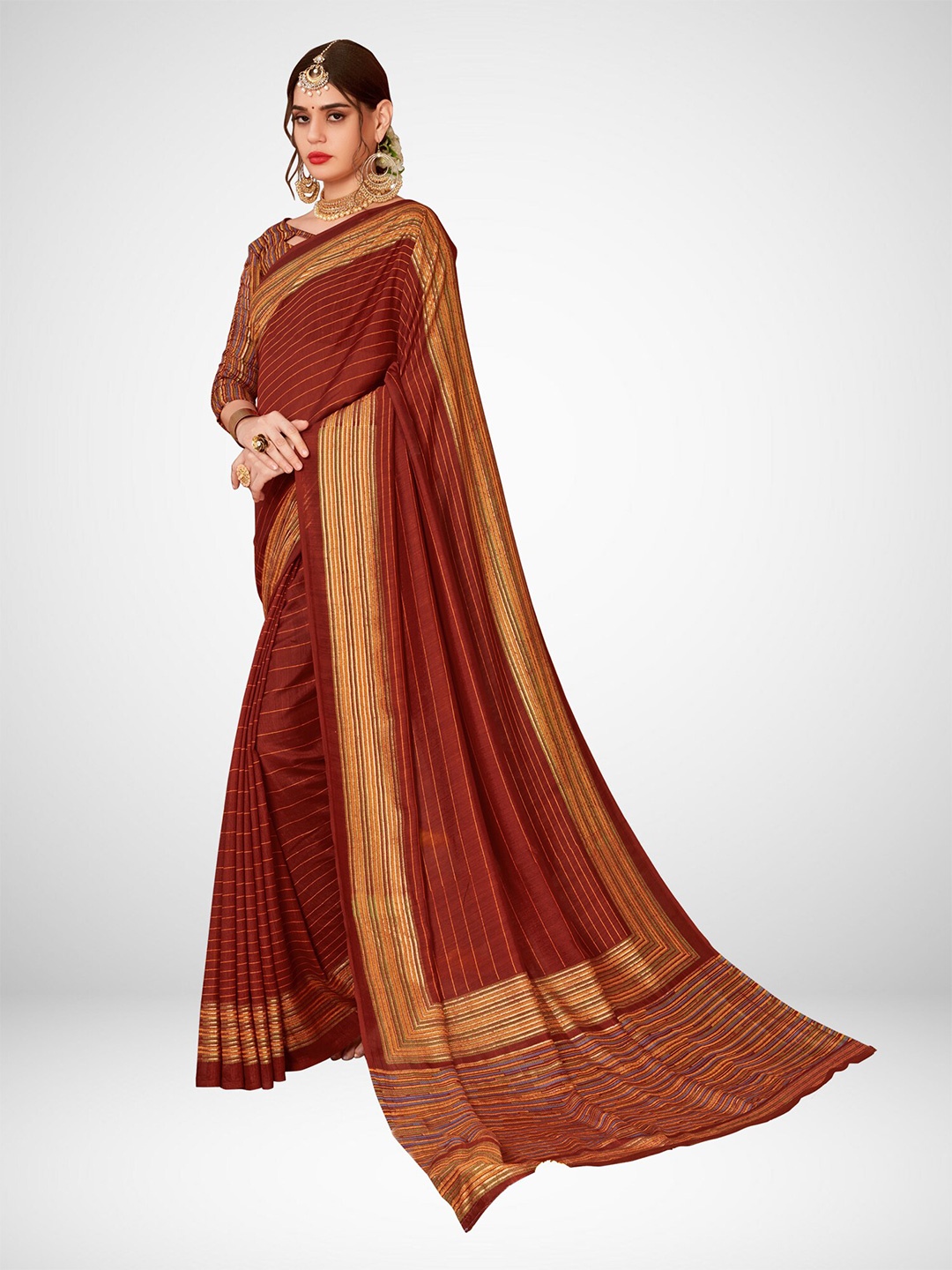 

KALINI Rust Gold-Toned Striped Poly Georgette Saree