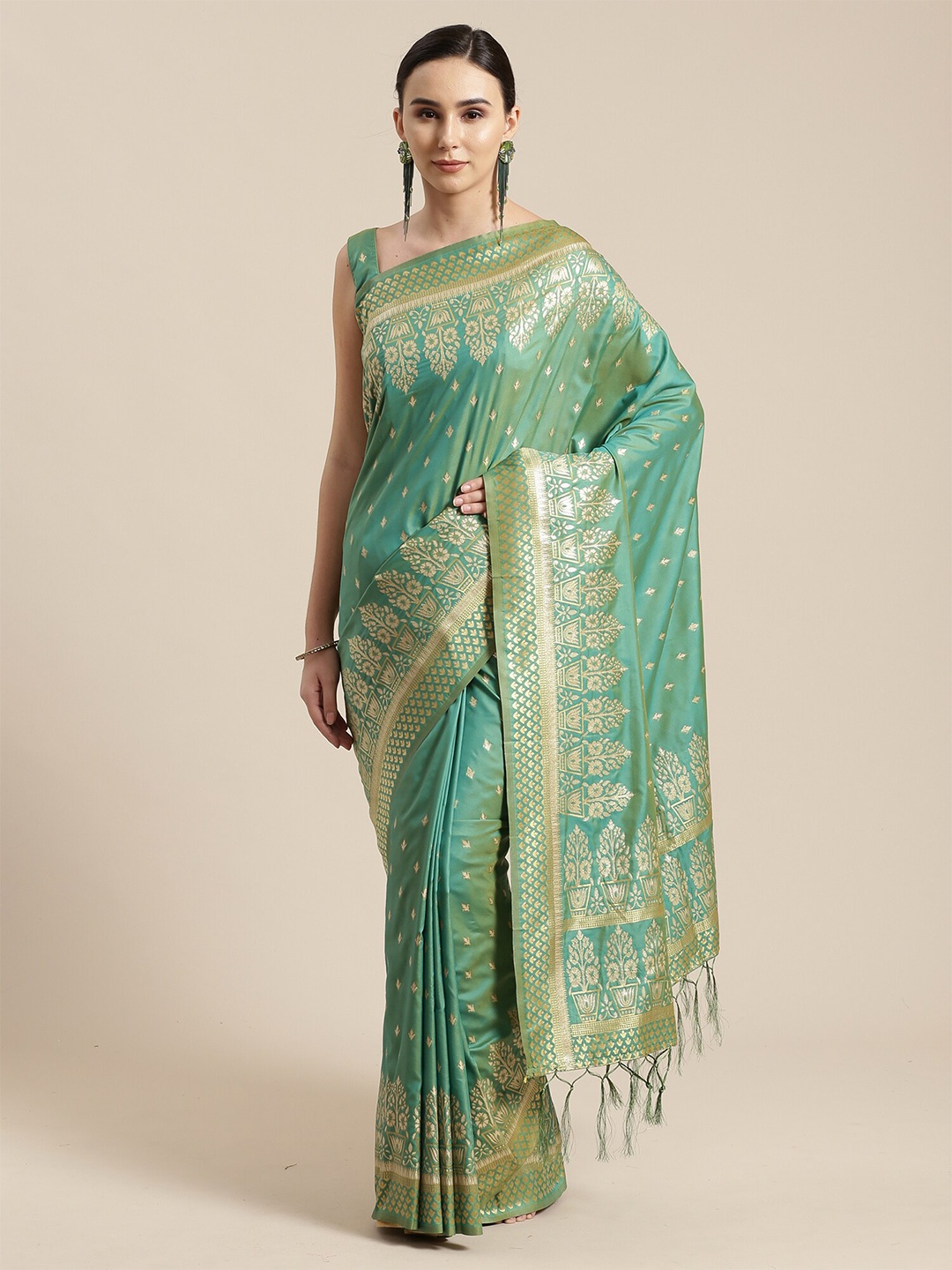 

KALINI Sea Green & Gold-Toned Woven Design Silk Blend Saree