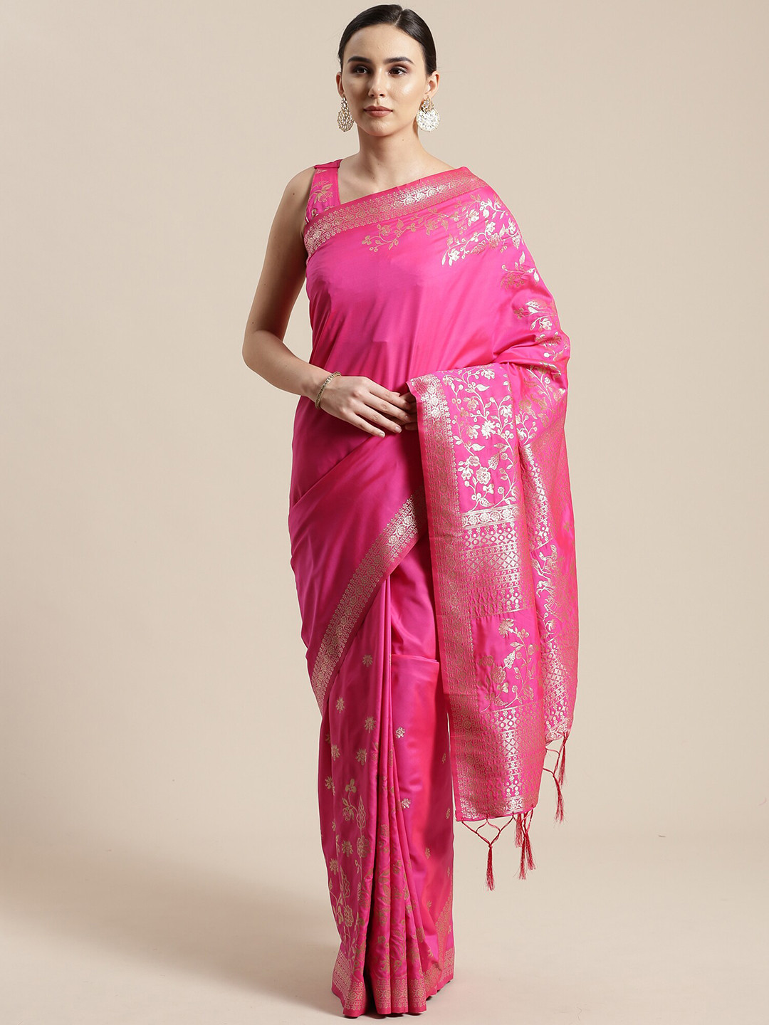 

KALINI Pink & Gold-Toned Woven Design Silk Blend Saree