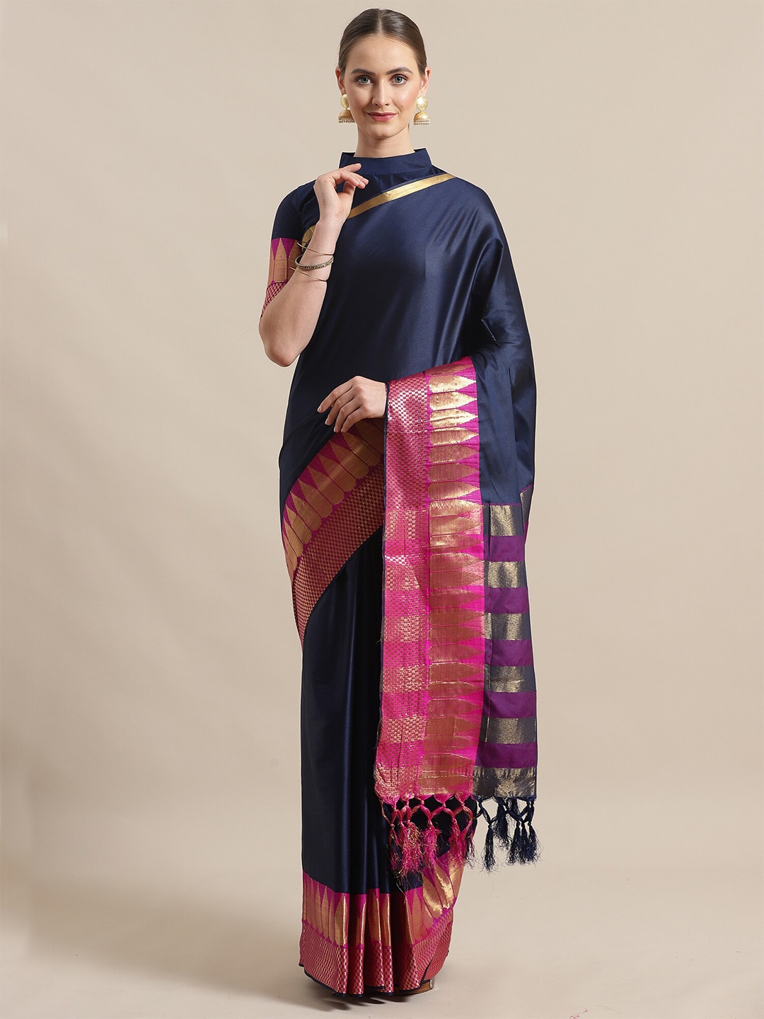 

KALINI Navy Blue & Pink Zari Silk Blend Saree