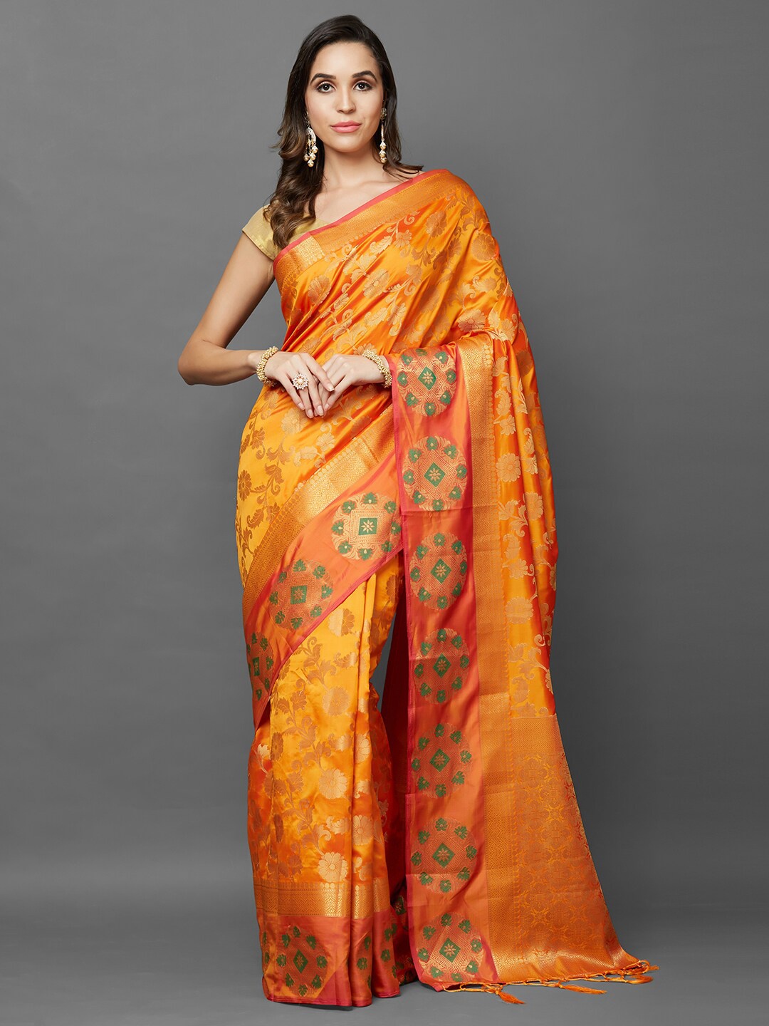 

KALINI Yellow & Pink Floral Silk Blend Saree