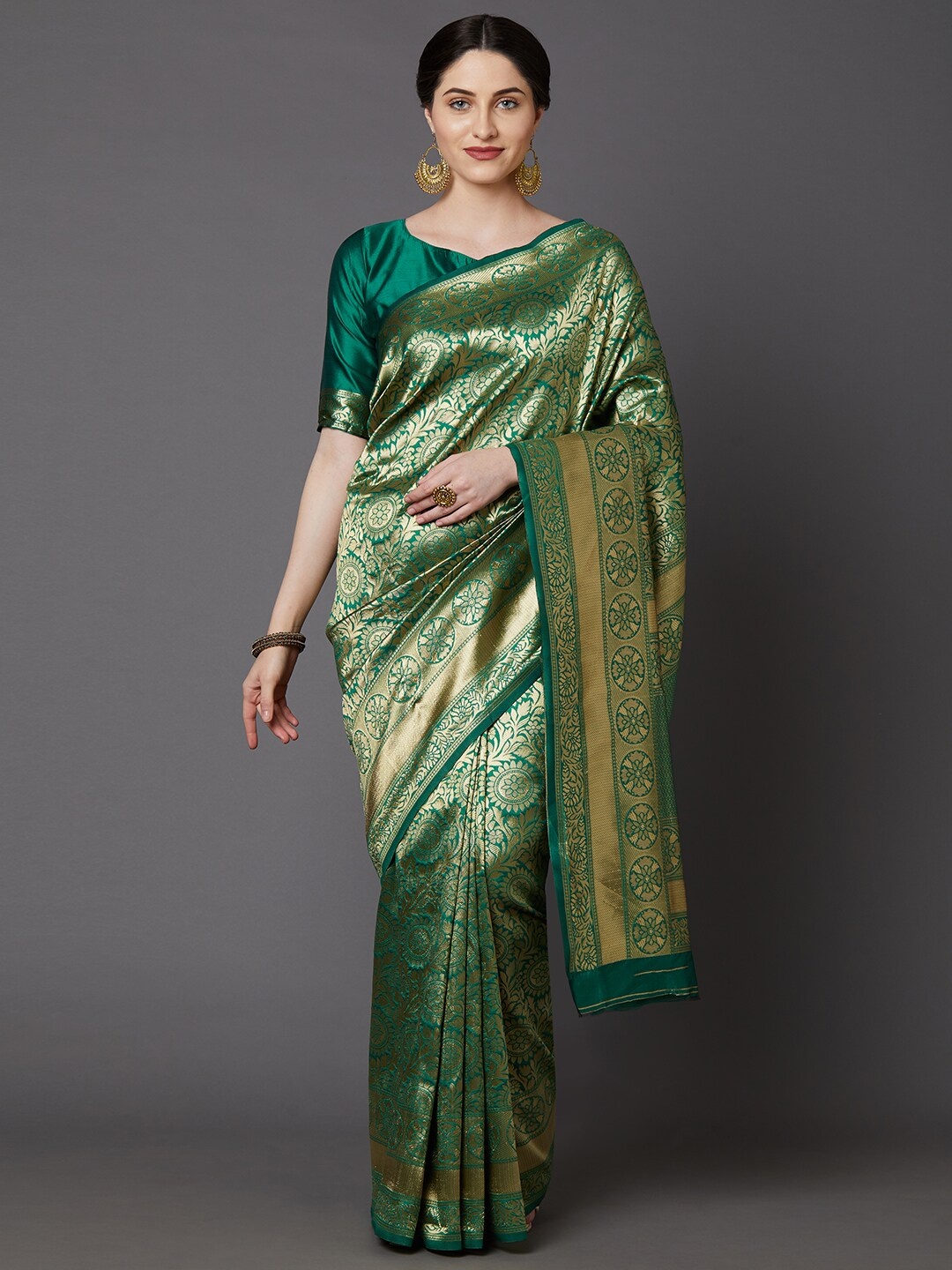 

KALINI Green & Gold-Toned Woven Design Silk Blend Saree