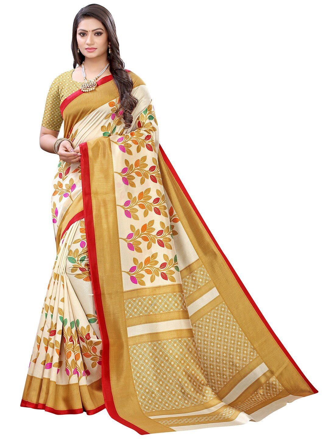 

KALINI Beige & Red Floral Silk Blend Saree