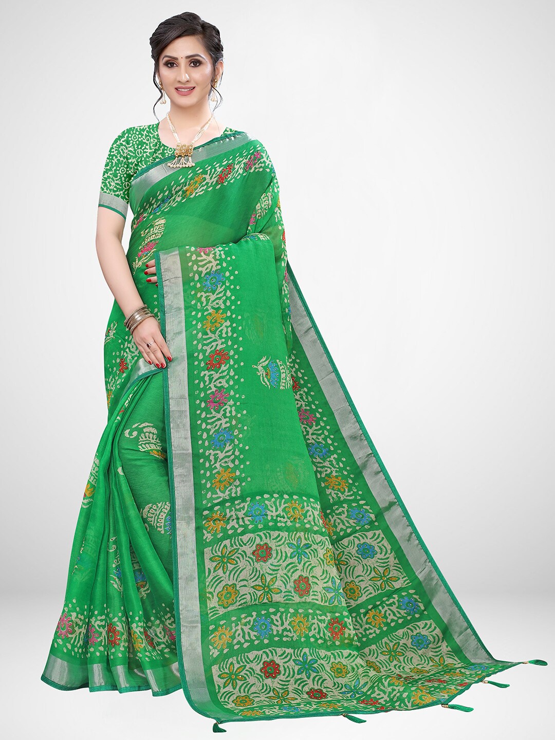 

KALINI Green & Blue Floral Art Silk Saree