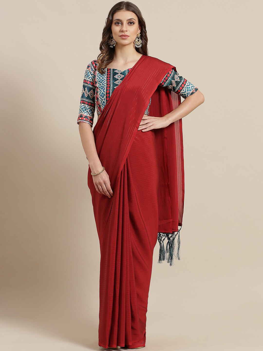 

KALINI Red Striped Pure Georgette Saree