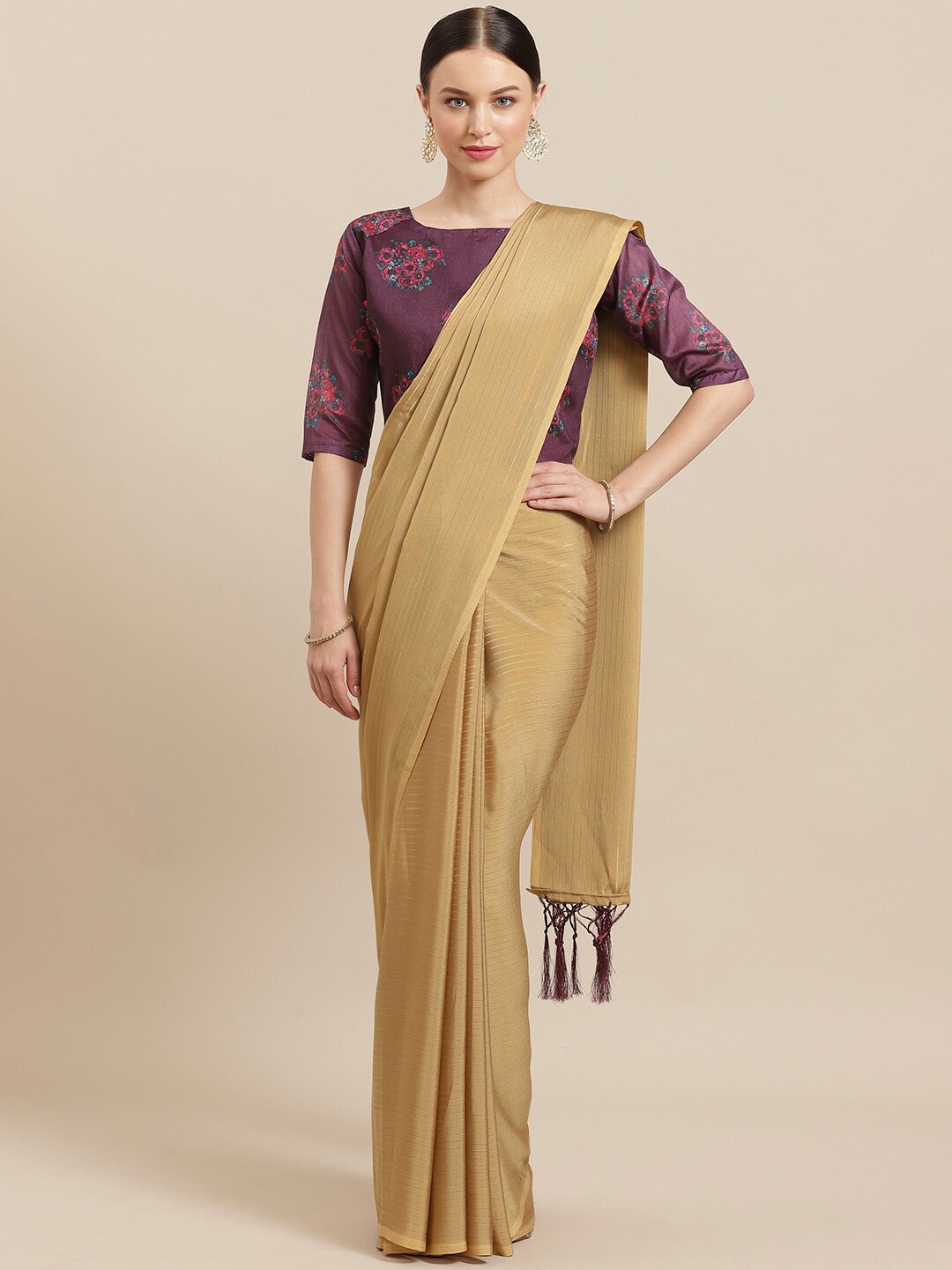 

KALINI Gold-Toned & Violet Striped Pure Georgette Saree