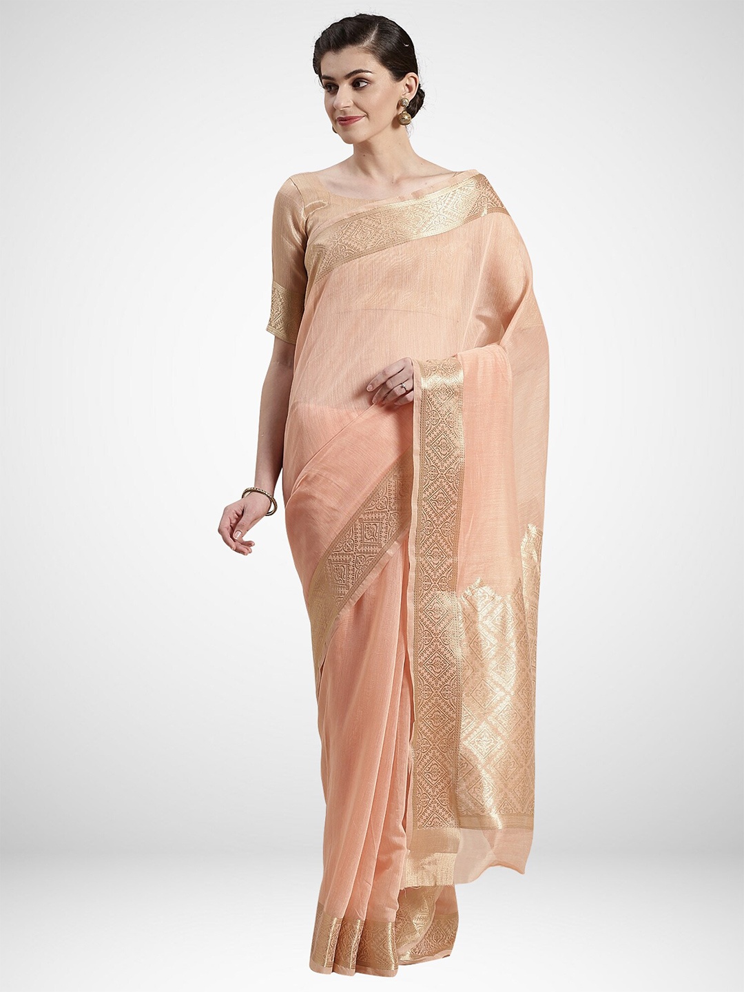 

KALINI Peach-Coloured & Gold-Toned Woven Design Linen Blend Saree