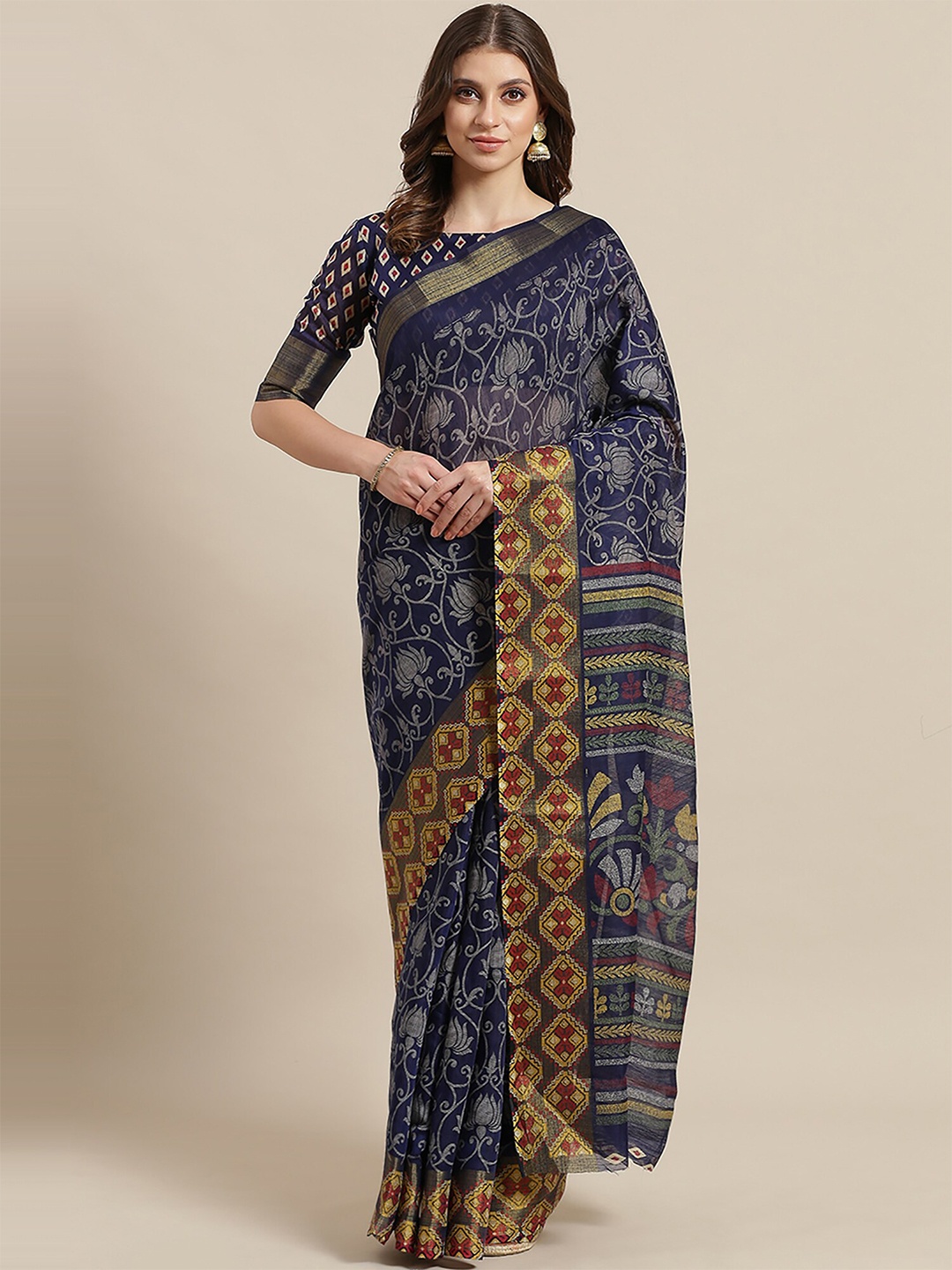 

KALINI Blue & Yellow Floral Printed Brasso Saree