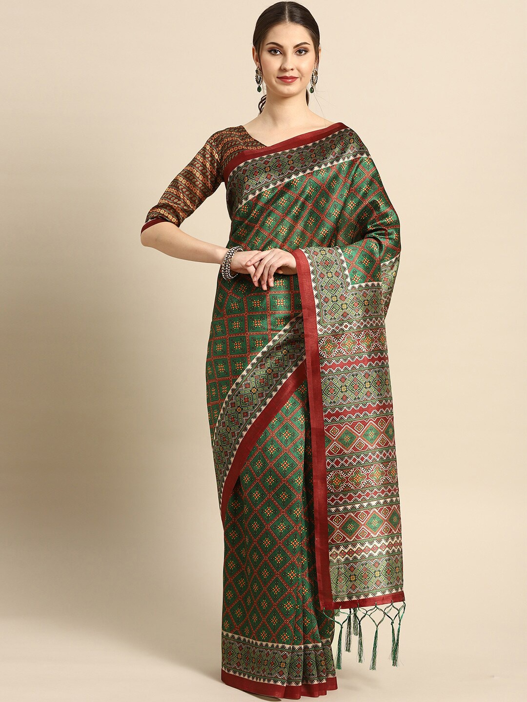 

KALINI Green & Maroon Ethnic Motifs Silk Blend Saree