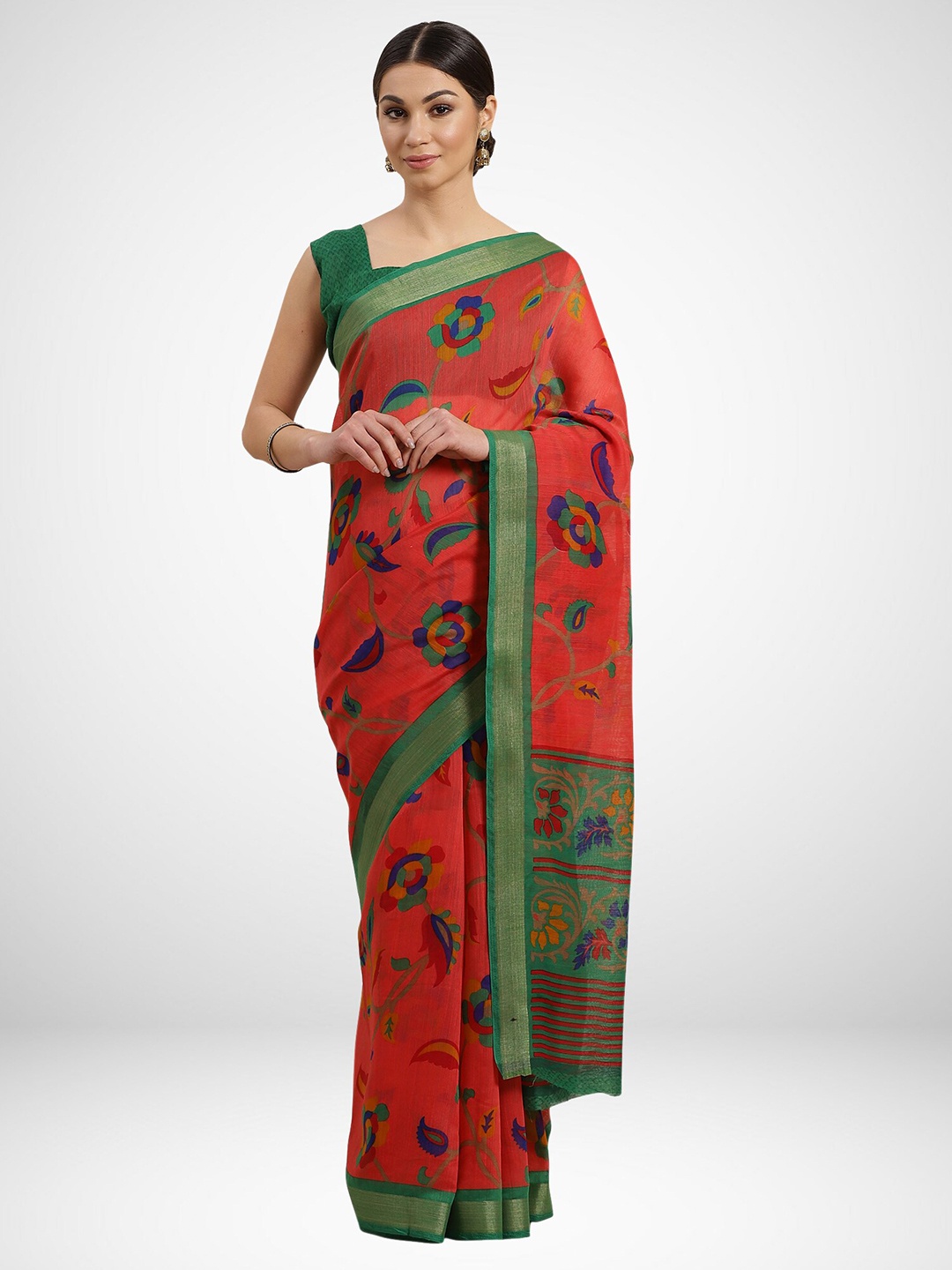 

KALINI Peach-Coloured & Green Floral Zari Silk Cotton Saree