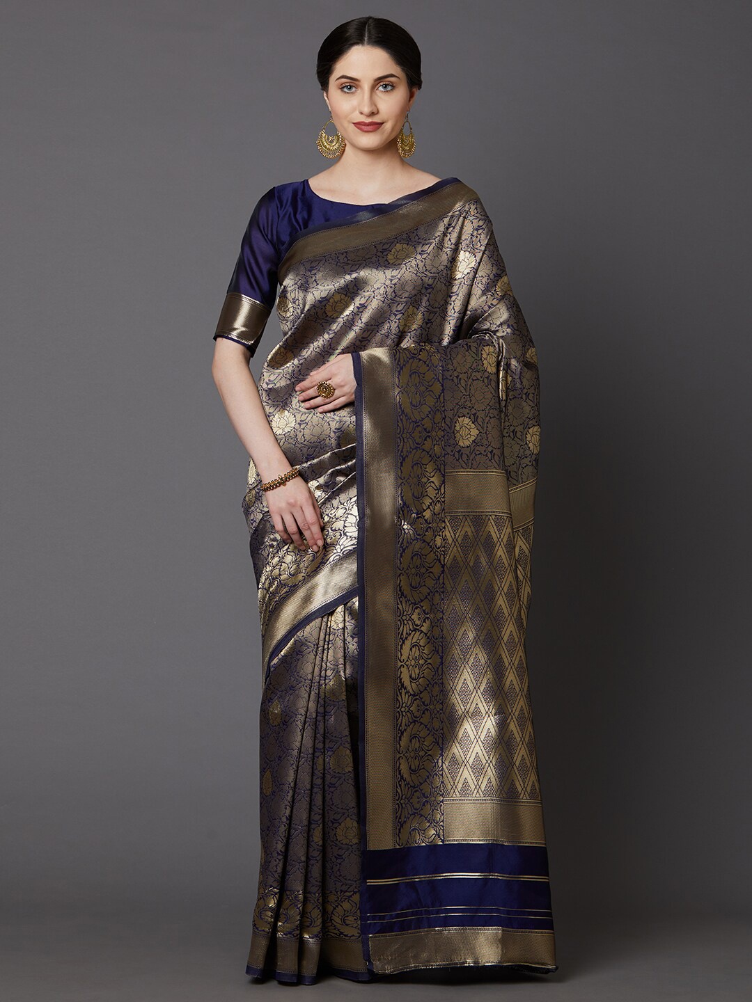 

KALINI Navy Blue & Gold-Toned Ethnic Motifs Zari Silk Blend Saree