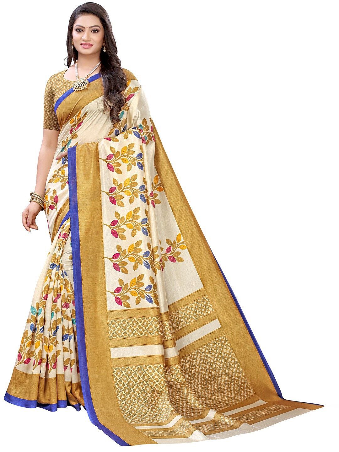 

KALINI Beige & Blue Floral Printed Silk Blend Saree
