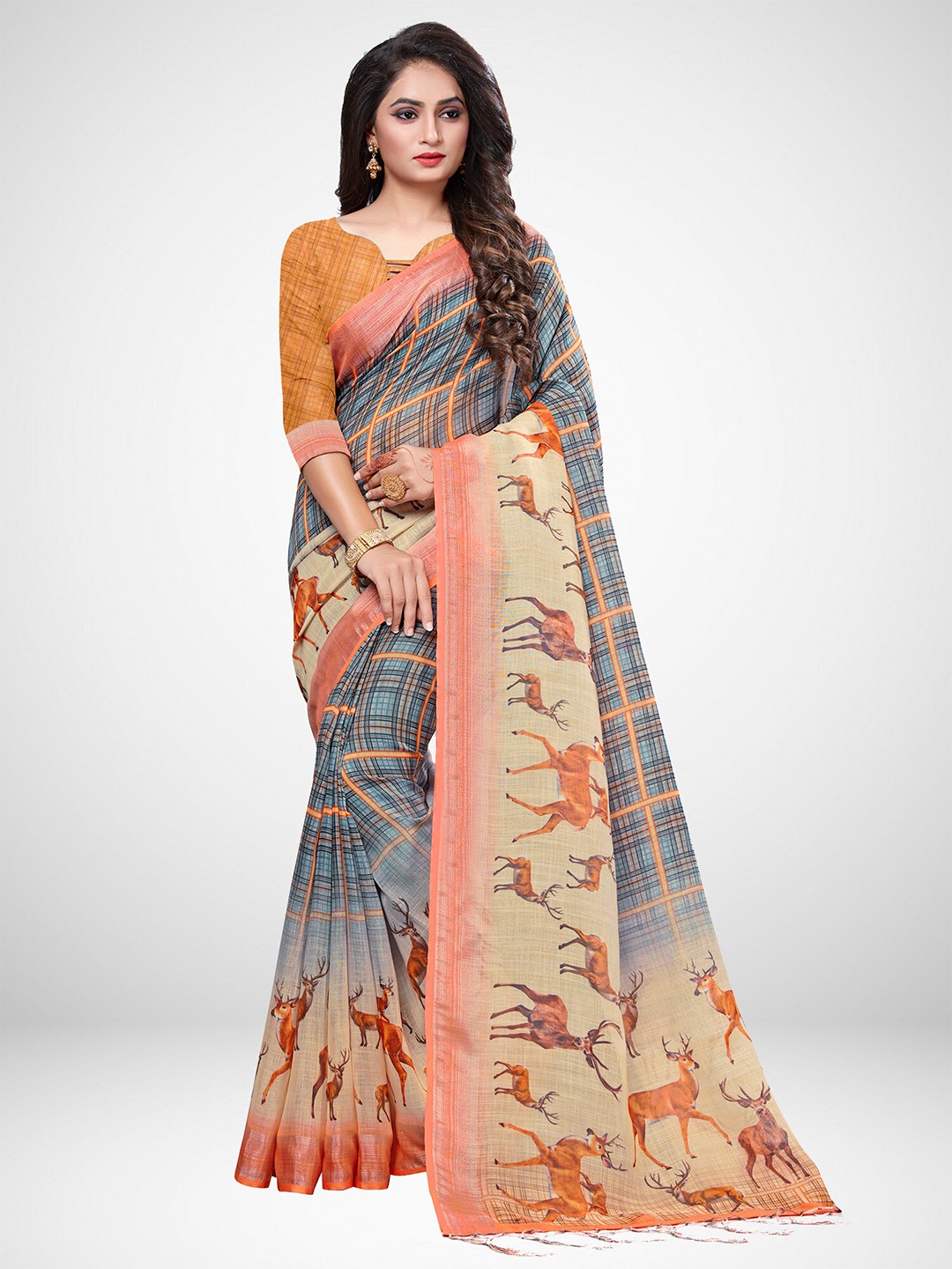 

KALINI Grey & Beige Checked Linen Blend Saree