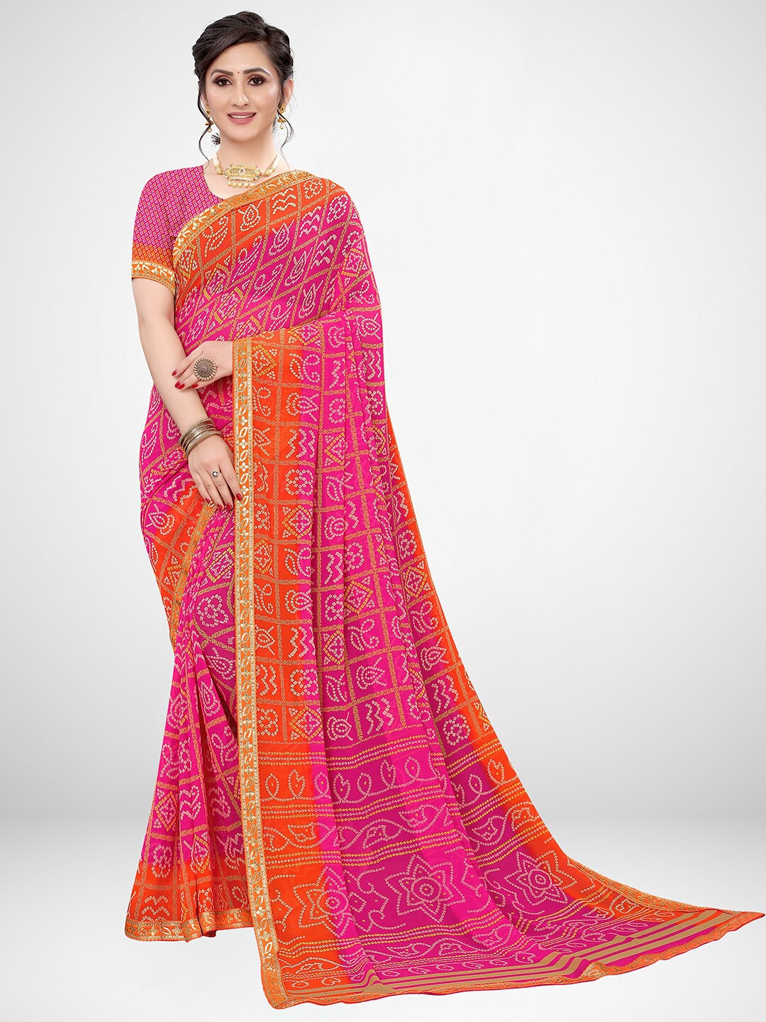 

KALINI Pink & Orange Bandhani Pure Georgette Saree