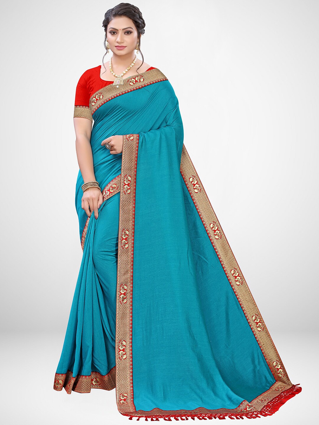 

KALINI Sea Green & Red Solid Silk Blend Saree