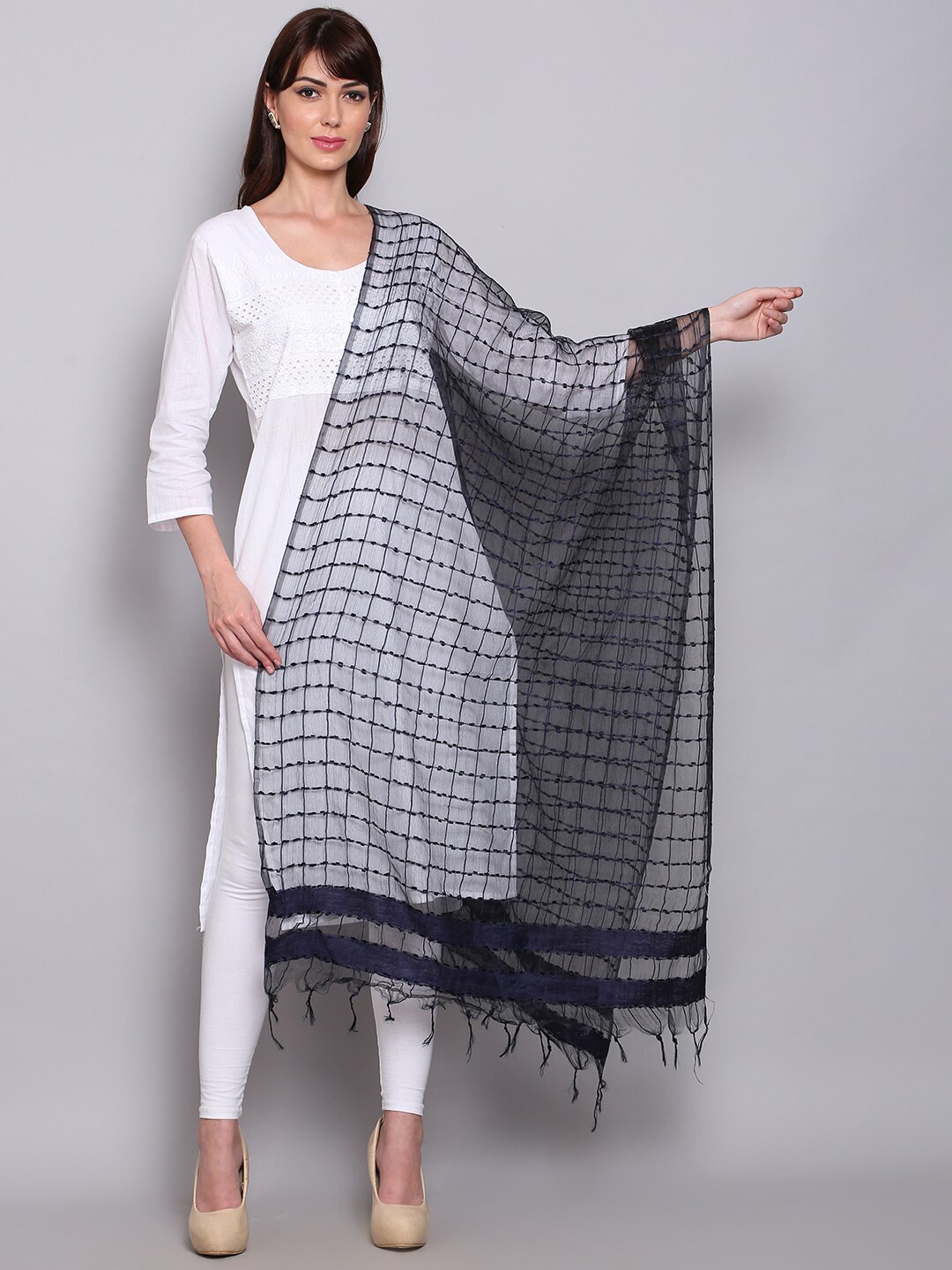 

Miaz Lifestyle Navy Blue Checked Organza Dupatta