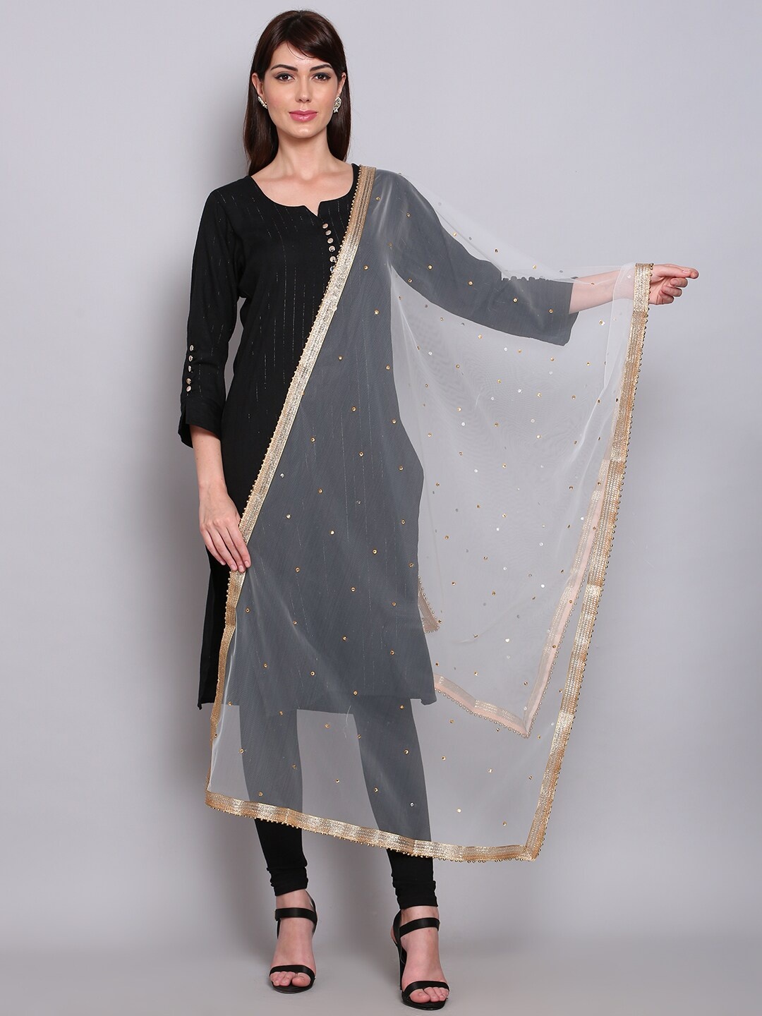 

Miaz Lifestyle Off White & Gold-Toned Art Silk Dupatta with Beads and Stones