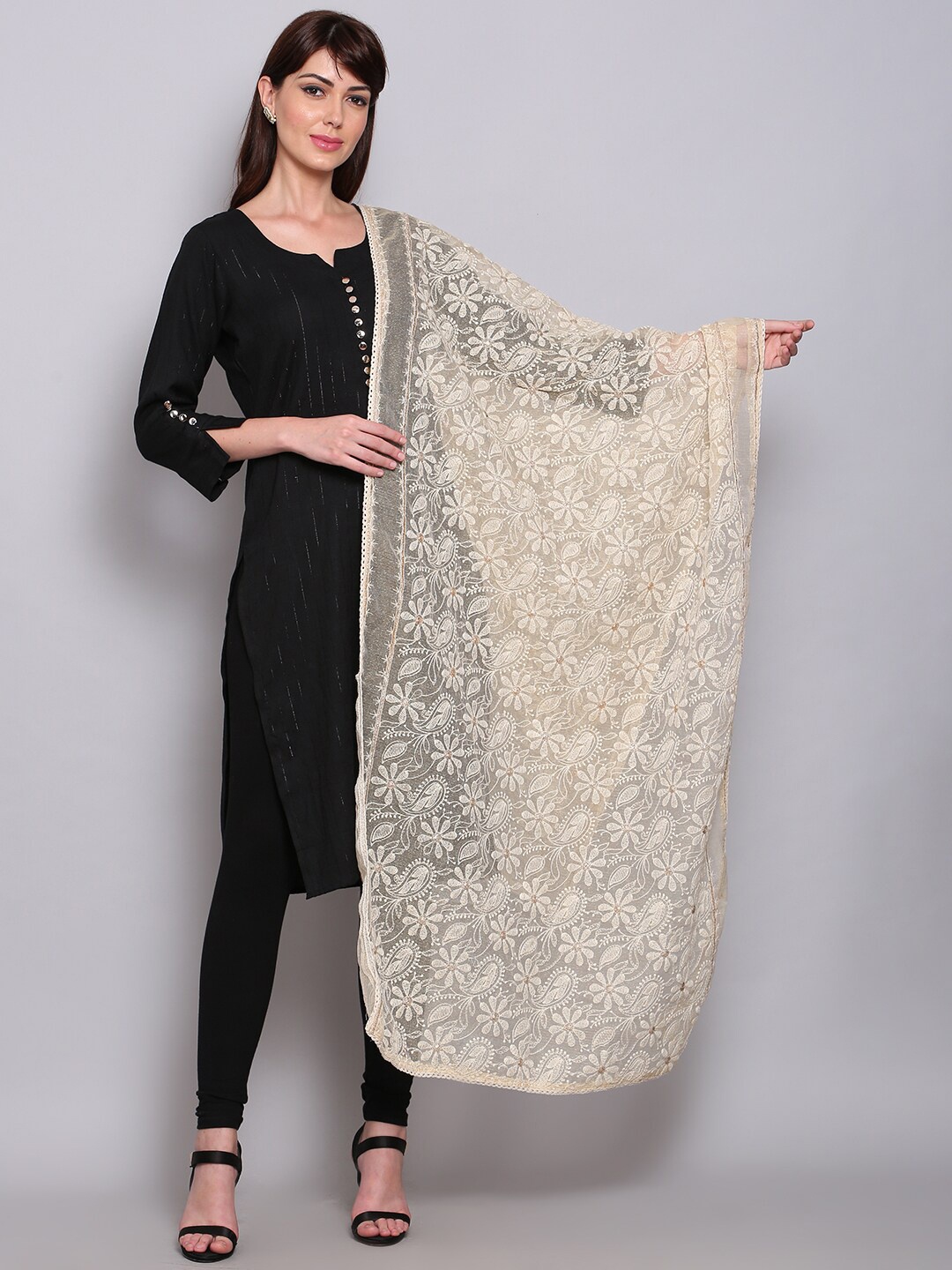 

Miaz Lifestyle Off White Embroidered Cotton Silk Dupatta with Chikankari