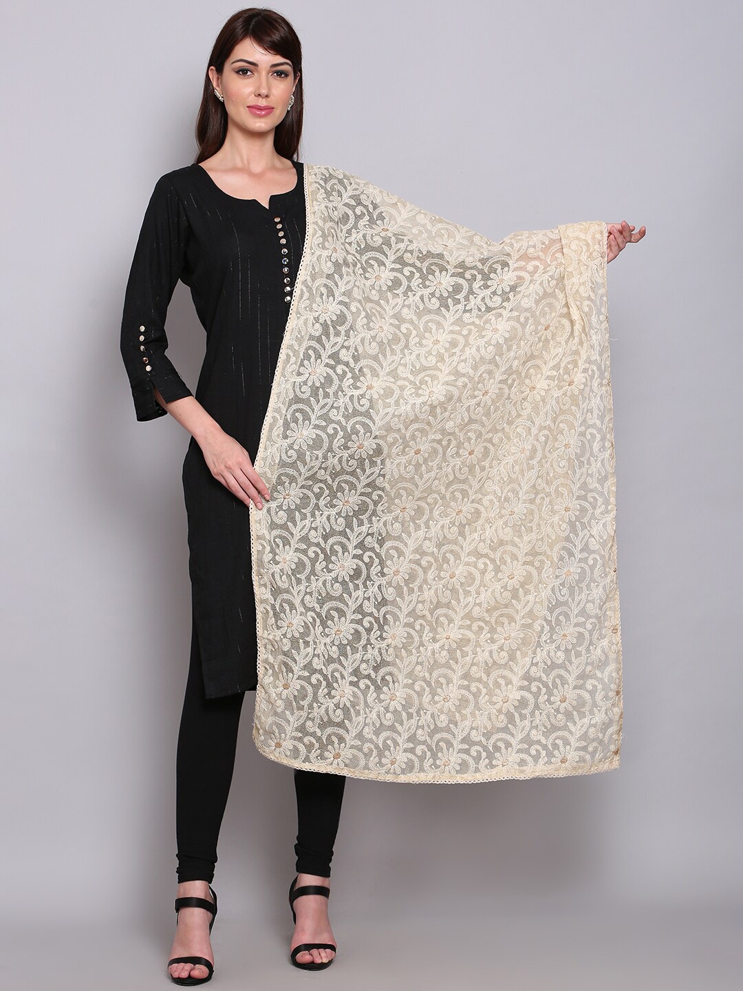 

Miaz Lifestyle Off White Embroidered Chikankari Cotton Silk Dupatta