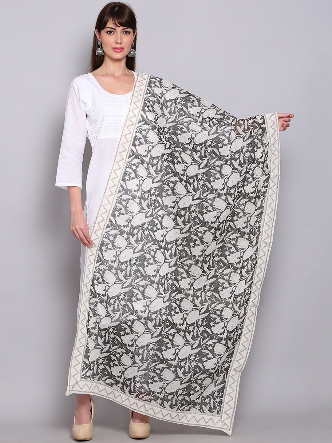 

Miaz Lifestyle White & Black Ethnic Motifs Printed Cotton Silk Block Print Dupatta