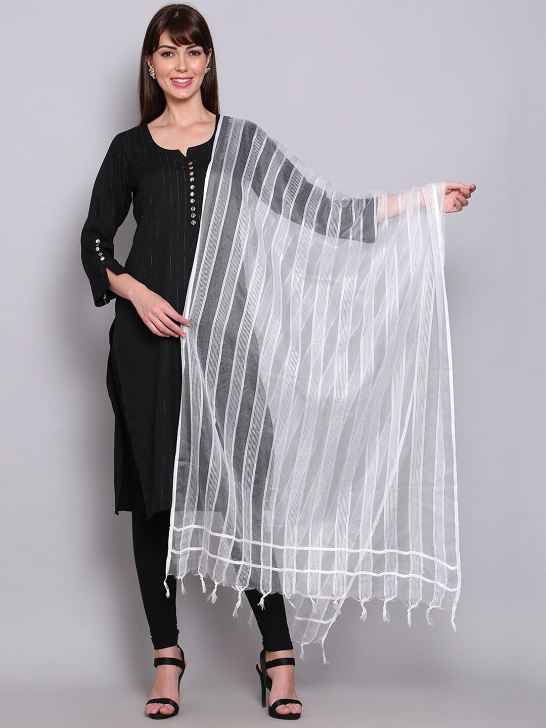 

Miaz Lifestyle White Striped Art Silk Dupatta