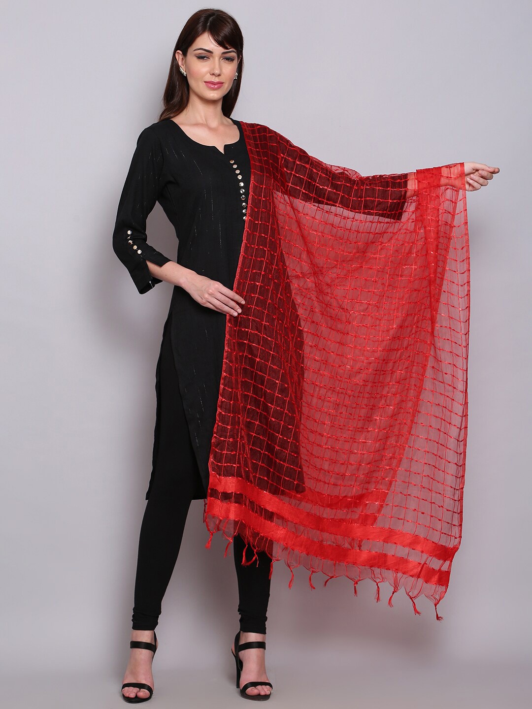 

Miaz Lifestyle Red Checked Organza Dupatta