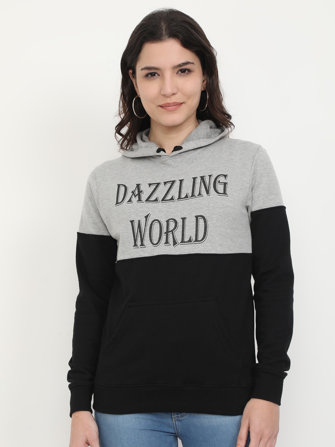 

Fleximaa Women Grey Melange & Navy Blue Colourblocked Hooded Sweatshirt