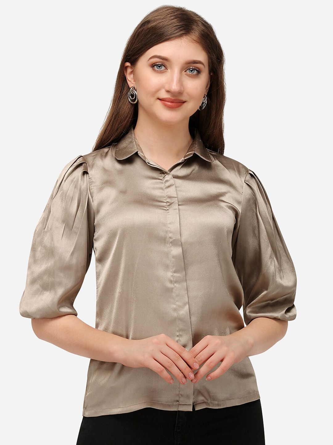 

Fbella Women Taupe Standard Satin Casual Shirt