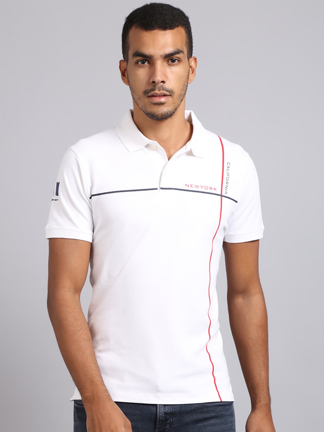 

VENITIAN Men White Polo Collar Slim Fit Cotton T-shirt