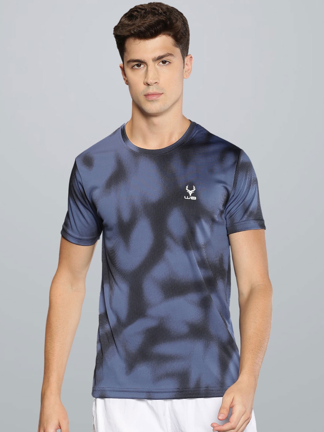 

Wildbrocket Men Blue & Black Printed Slim Fit Training or Gym T-shirt