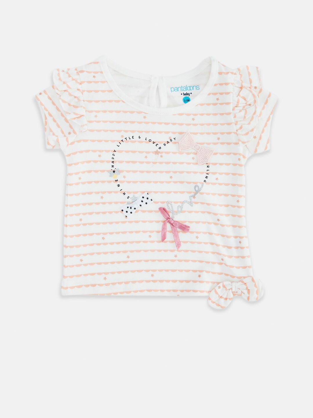 

Pantaloons Baby Girls White & Orange Striped Ruffles Cotton Top