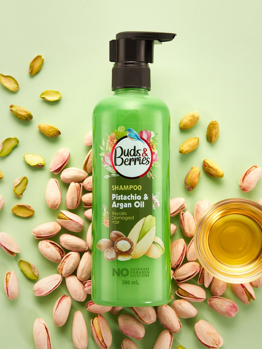 

Buds & Berries Pistachio & Argan Oil Colour Protectant Shampoo for Damaged Hair - 300 ml, Green