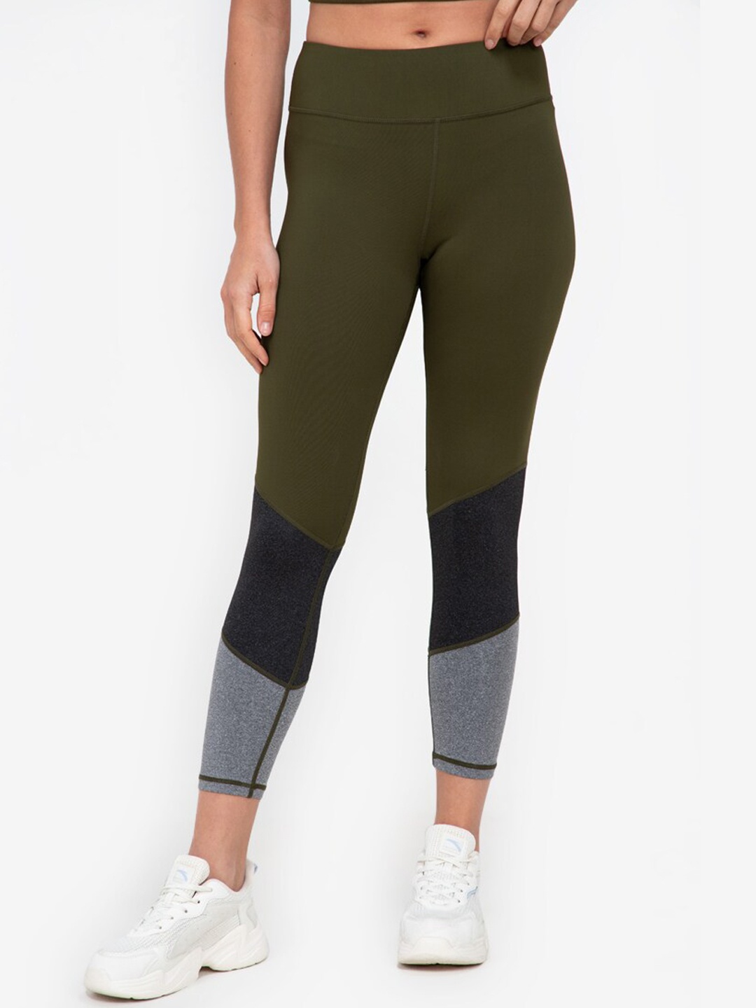 

ZALORA ACTIVE Women Olive Green Colourblocked Leggings