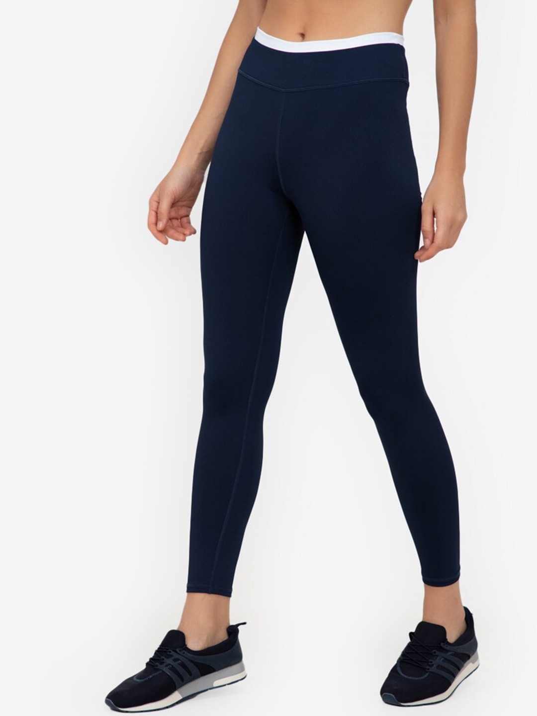

ZALORA ACTIVE Women Navy Blue Contrast Panel Waistband Logo Hem Tights