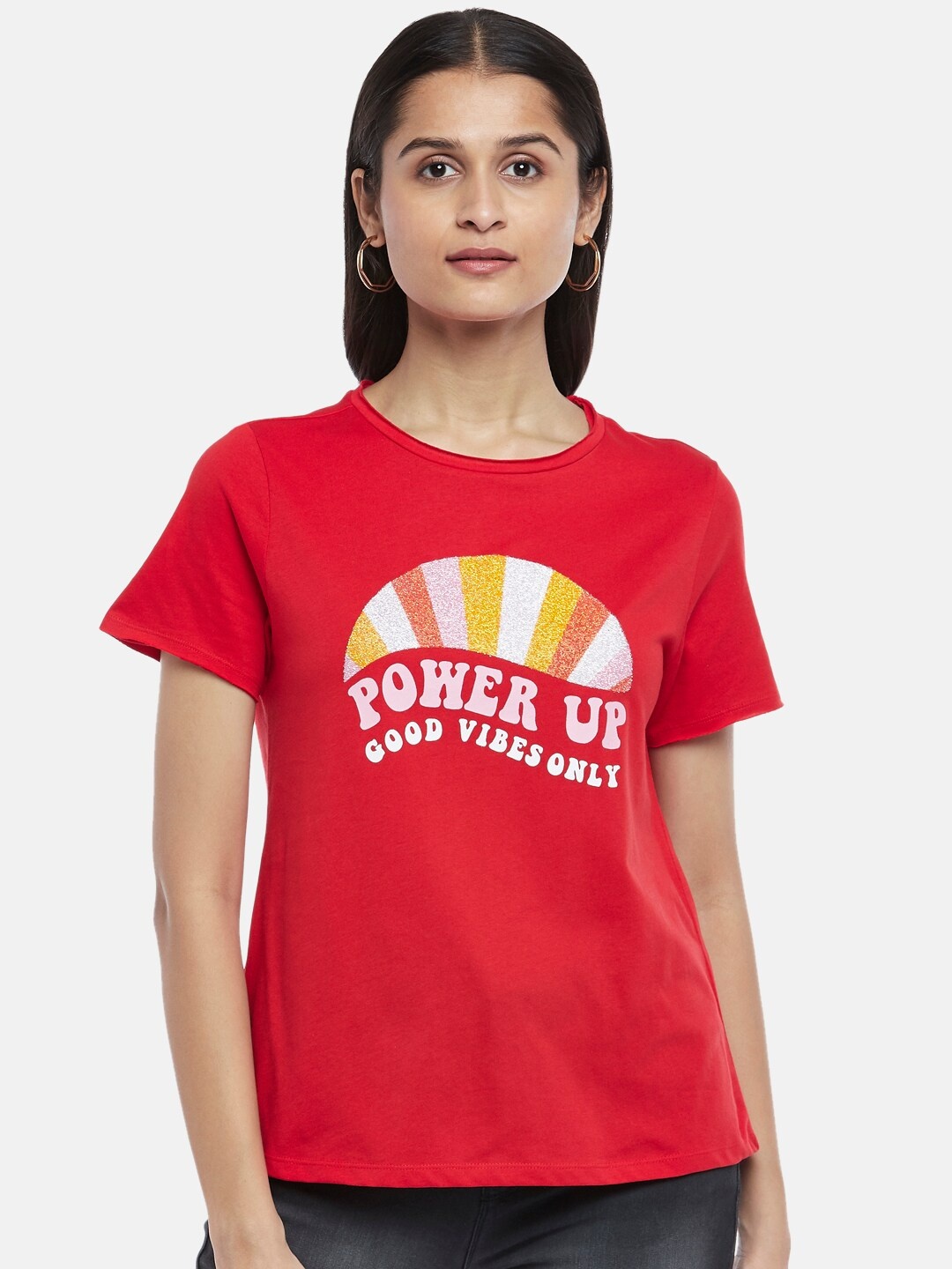 People Women Red Typography Printed Cotton T-shirt