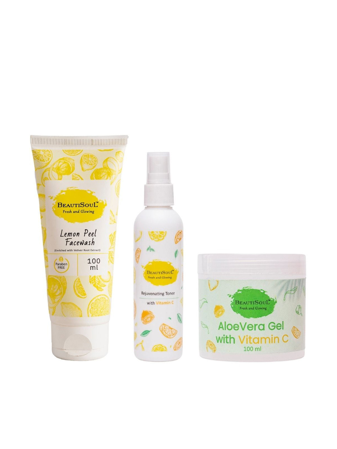 

Beautisoul Combo of Lemon Peel Face Wash-Rejuvenating Toner-Aloe Vera Gel - 100 ml Each, Yellow