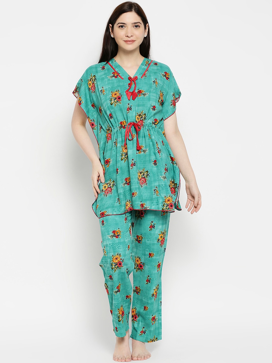 

Pretty Awesome Women Green & Red Printed Cotton Night suit
