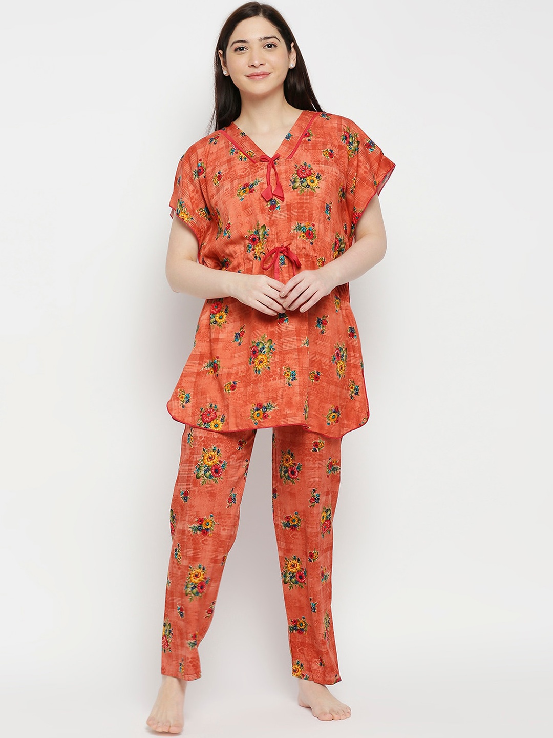 

Pretty Awesome Women Peach-Coloured & Green Printed Kaftan Night suit