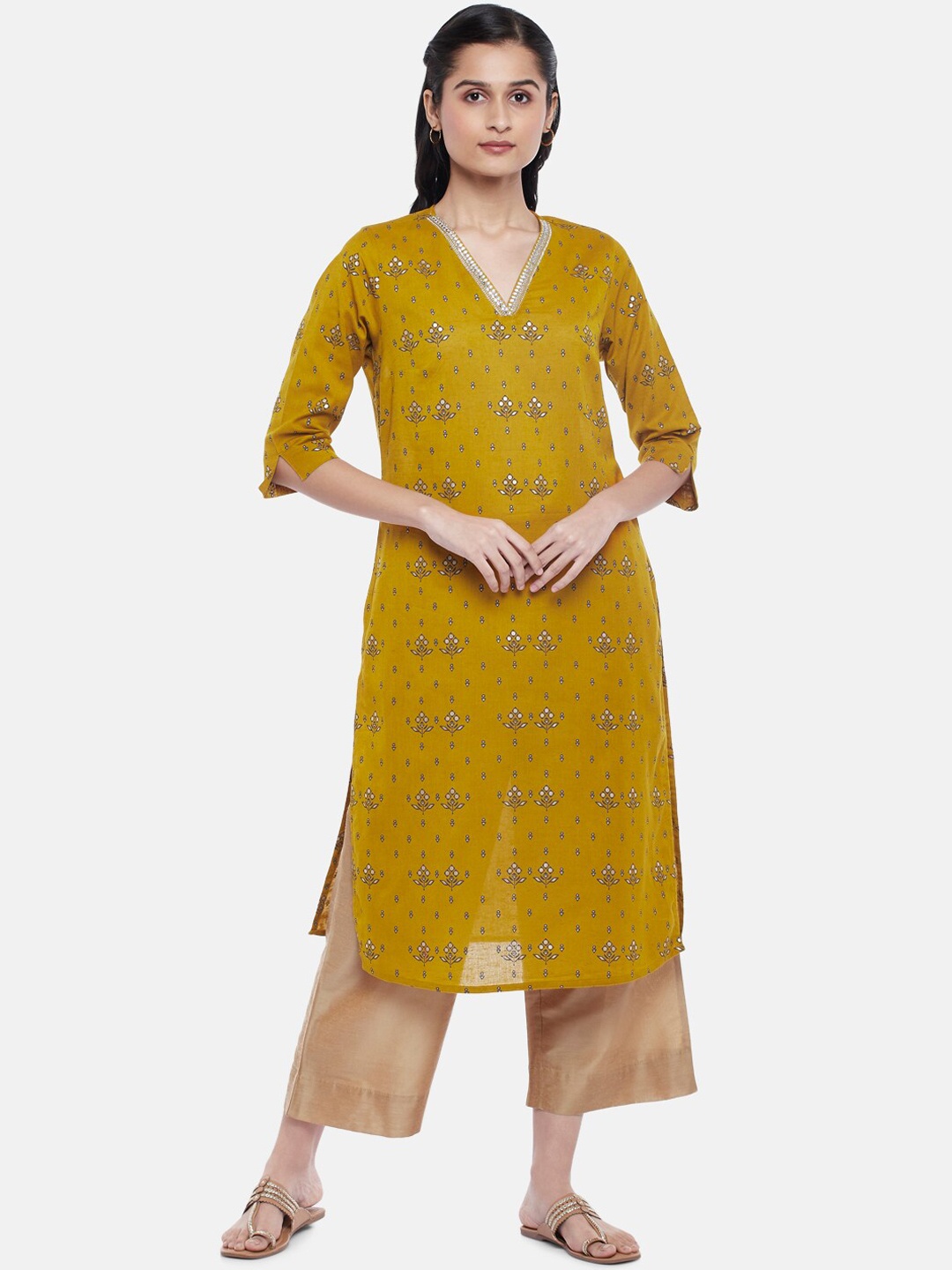 

RANGMANCH BY PANTALOONS Women Mustard Yellow Ethnic Motifs Printed Cotton Straight Kurta